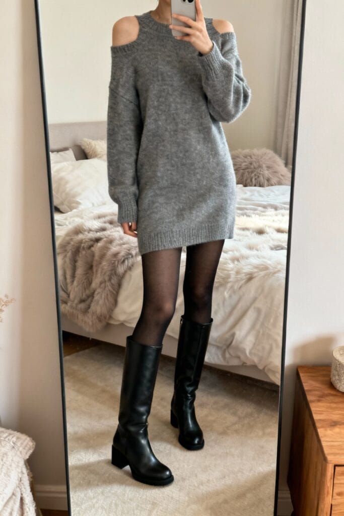 Person taking a mirror selfie wearing a grey cold-shoulder sweater dress, black sheer tights, and black knee-high boots in a bedroom.