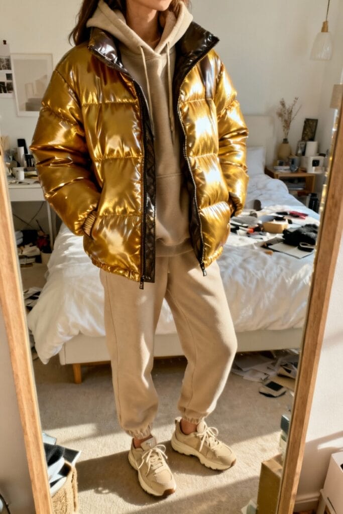 Person wearing a shiny gold puffer jacket, beige hoodie, matching sweatpants, and beige sneakers stands in a bedroom facing a mirror. The bed and various items are visible in the background.