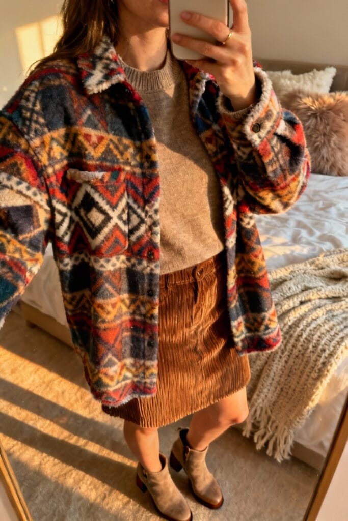 Person taking a mirror selfie, wearing a patterned fleece jacket, beige sweater, brown corduroy skirt, and ankle boots, standing in a sunlit bedroom.