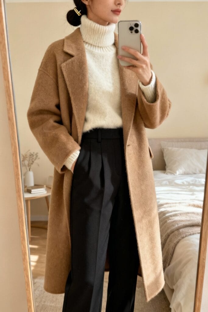 Person taking a mirror selfie wearing a beige coat, white turtleneck sweater, and black trousers in a bedroom.