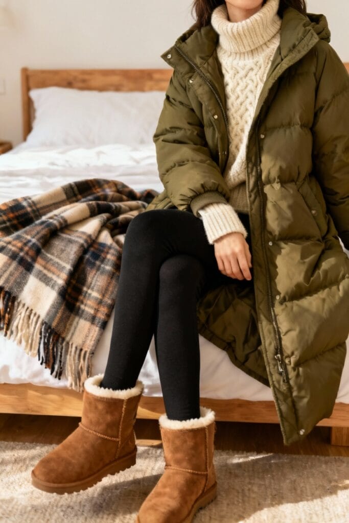 A person in a green puffer coat, white turtleneck sweater, black leggings, and brown boots sits on a bed with a plaid blanket.