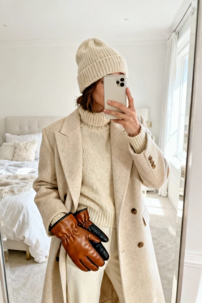 Person in a cream coat, knit sweater, and beanie takes a mirror selfie in a bright bedroom, holding brown leather gloves.