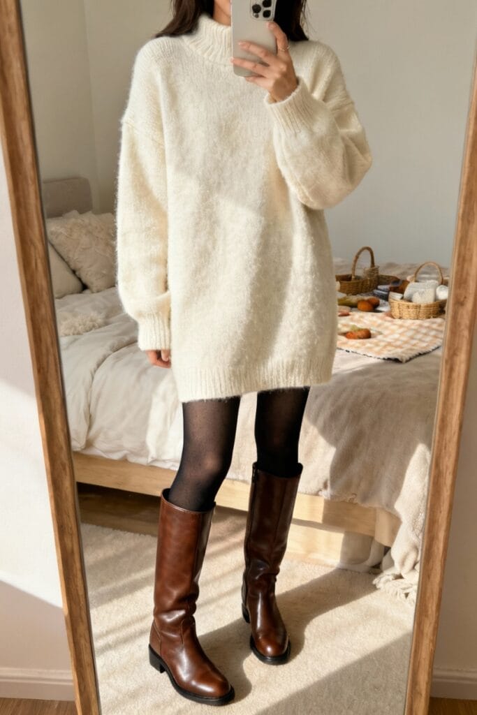 Person wearing an oversized cream sweater, black tights, and brown knee-high boots stands in front of a mirror taking a photo in a cozy bedroom.