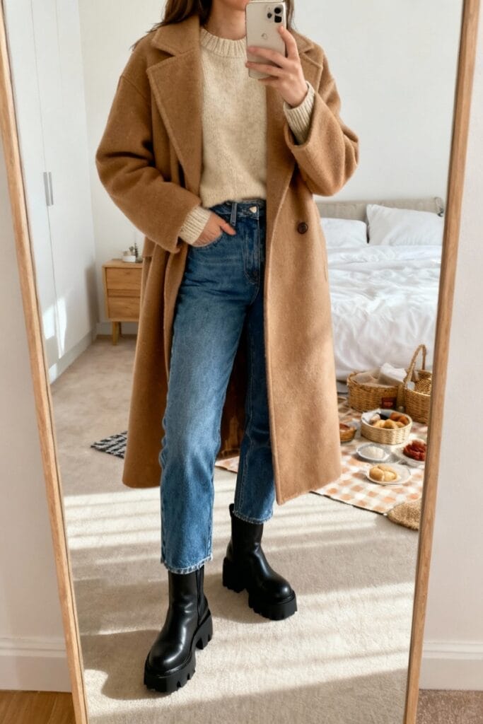 Person taking a mirror selfie wearing a tan coat, cream sweater, blue jeans, and black boots; a picnic setup is visible on the floor near a bed in the background.