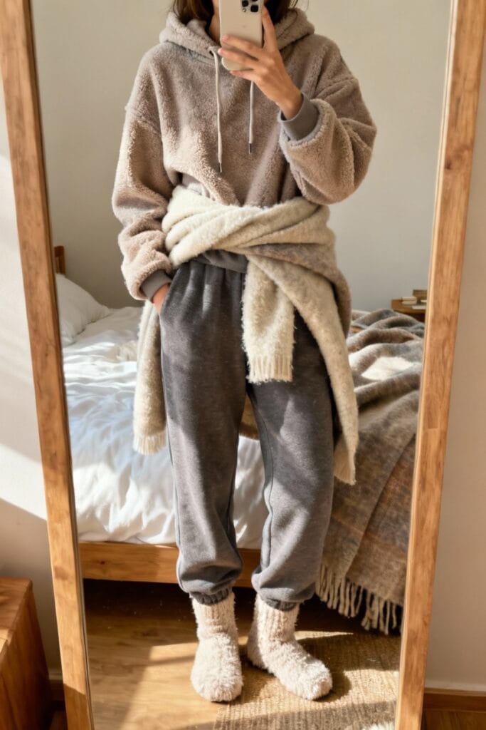Person standing in front of a mirror wearing a fuzzy hoodie, scarf, sweatpants, and socks in neutral tones, with a bed and blanket visible in the background.