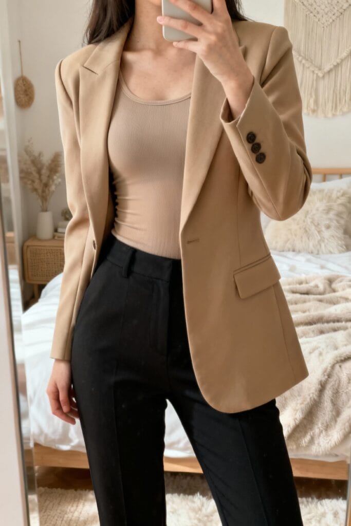 A woman stands in a bedroom, wearing a beige blazer over a tan top and black pants, taking a mirror selfie.