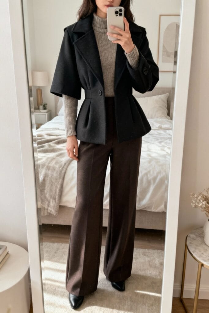 A person stands in front of a mirror wearing a black blazer, gray turtleneck sweater, and brown wide-leg pants in a bedroom.