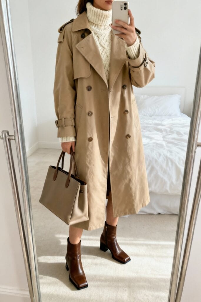 Person wearing a beige trench coat, cream turtleneck sweater, and brown ankle boots stands in front of a mirror holding a beige handbag. A bed with white bedding is visible in the background.