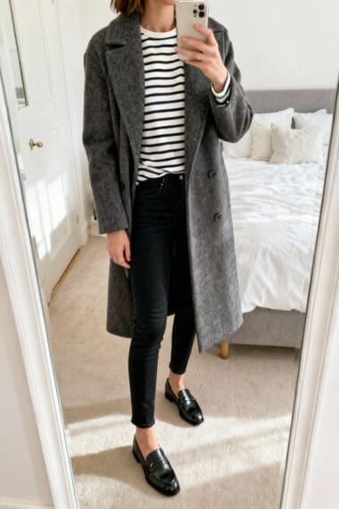 Person taking a mirror selfie wearing a gray coat, black jeans, black loafers, and a white and black striped shirt in a bedroom.