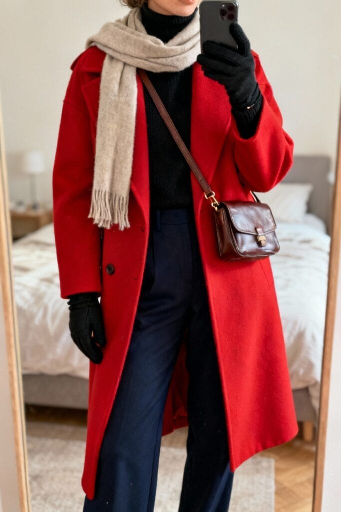 Person wearing a red coat, beige scarf, black gloves, and dark pants, holding a phone and crossbody bag, standing in a bedroom and taking a mirror selfie.
