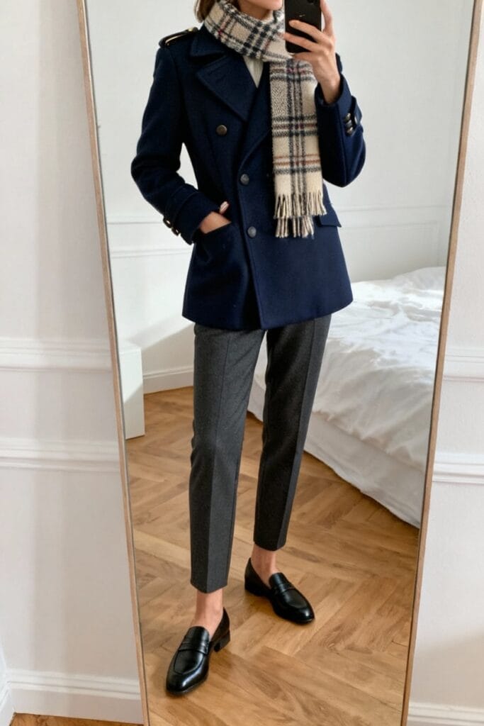 Person taking a mirror selfie wearing a navy double-breasted coat, plaid scarf, gray trousers, and black loafers in a minimal bedroom.