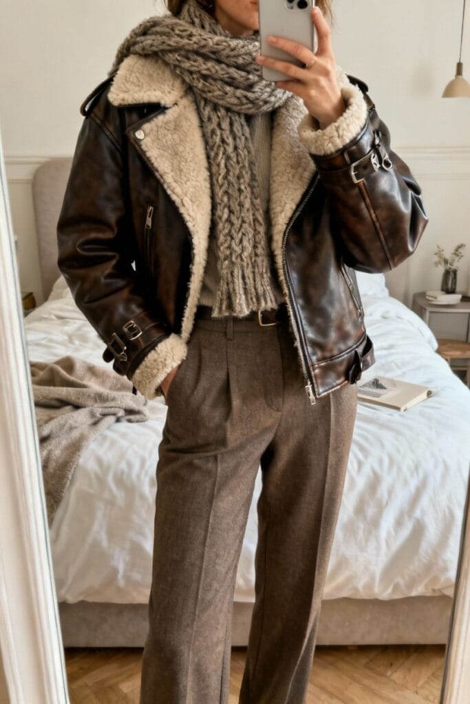 Person wearing a brown shearling jacket, knit scarf, gray sweater, and brown trousers stands in a bedroom, taking a mirror selfie.
