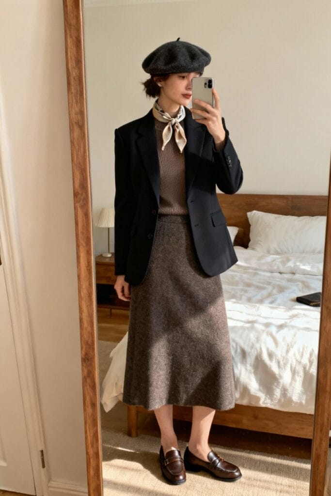 Person taking a mirror selfie wearing a beret, scarf, blazer, knit top, long skirt, and loafers, standing in a bedroom with a neatly made bed in the background.