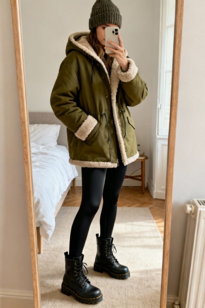 Person wearing a green parka with faux fur lining, black leggings, lace-up boots, and a knit beanie takes a mirror selfie in a bedroom.