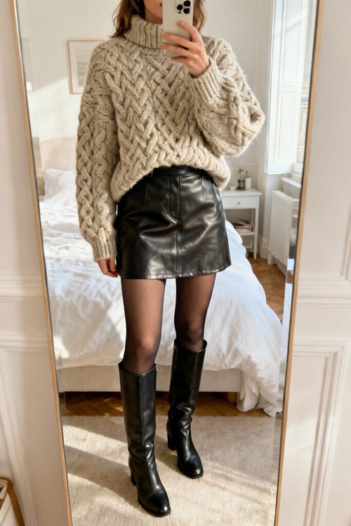 Person wearing a chunky knit sweater, black leather mini skirt, sheer black tights, and knee-high black boots stands in front of a mirror taking a photo in a bright bedroom.