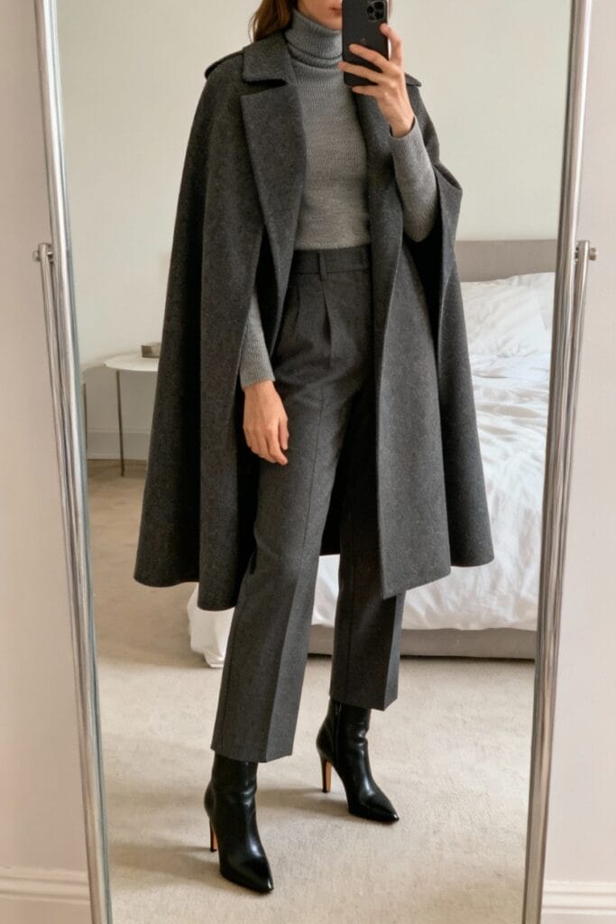 Person taking mirror selfie wears a grey cape coat, grey turtleneck sweater, grey tailored pants, and black heeled ankle boots in a minimalist bedroom.