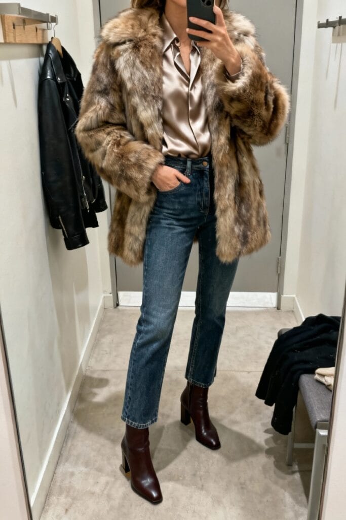 Person wearing a faux fur coat, satin blouse, blue jeans, and dark ankle boots stands in a fitting room. A black leather jacket hangs on the wall.