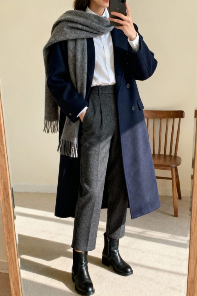 A person wearing a navy coat, white shirt, gray scarf, gray trousers, and black boots stands indoors in front of a mirror.