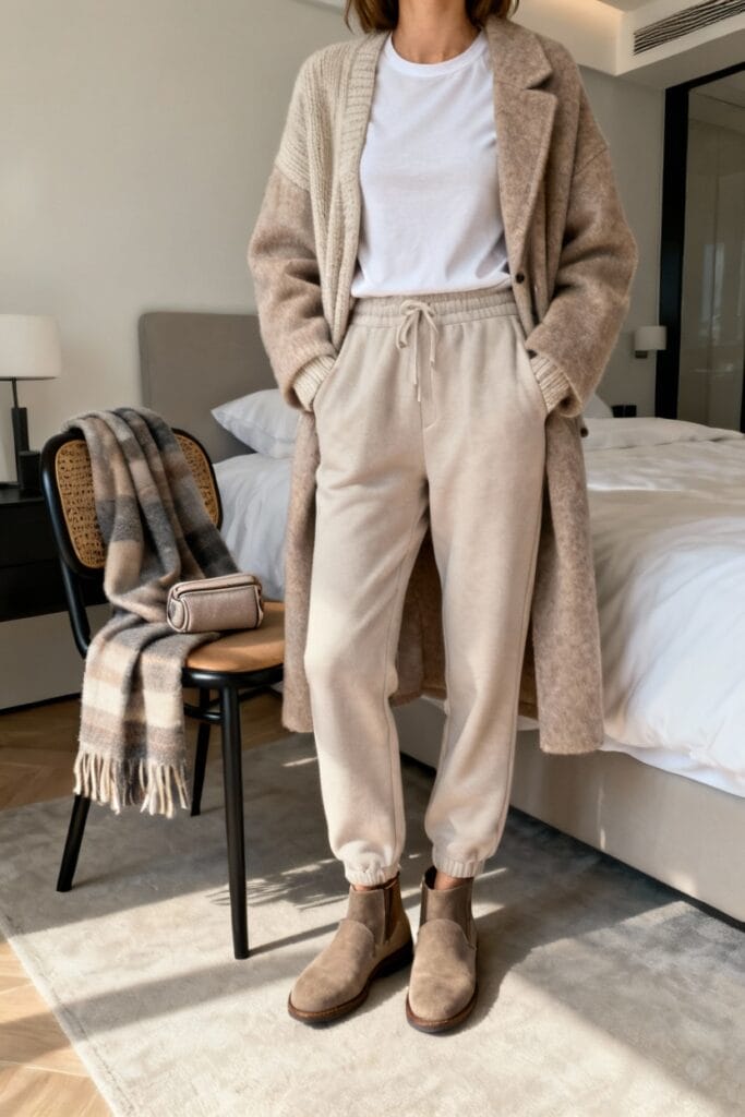 A person stands in a bedroom wearing a beige coat, white t-shirt, beige joggers, and suede boots. A striped scarf and small bag rest on a nearby chair.
