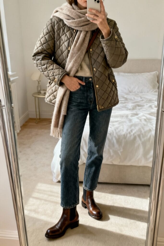 Person wearing a quilted jacket, beige scarf, sweater, blue jeans, and brown boots stands in front of a mirror, taking a photo in a bedroom.