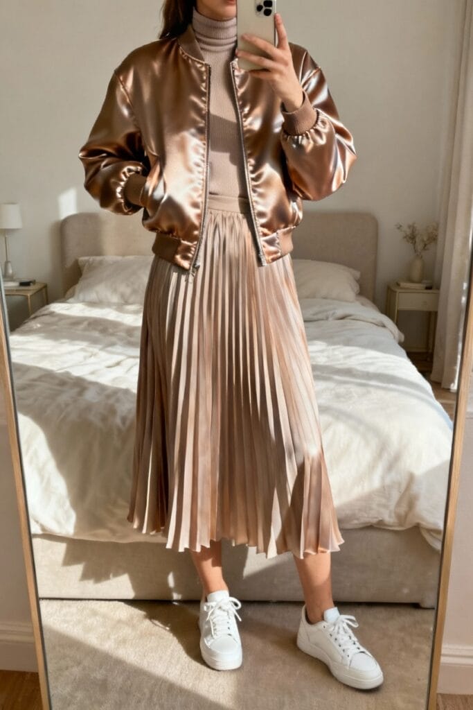 Person taking a mirror selfie wearing a shiny satin bomber jacket, pleated midi skirt, turtleneck top, and white sneakers in a bedroom.