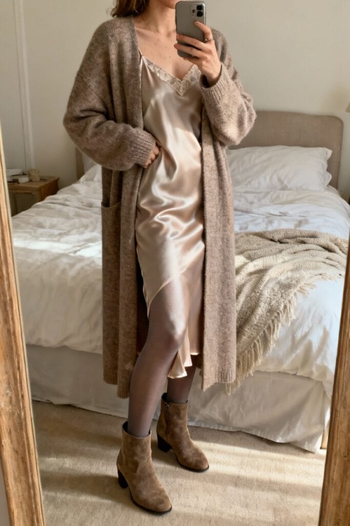 Person taking a mirror selfie wearing a beige slip dress, long knit cardigan, sheer tights, and suede ankle boots, standing in a bedroom with a made bed in the background.