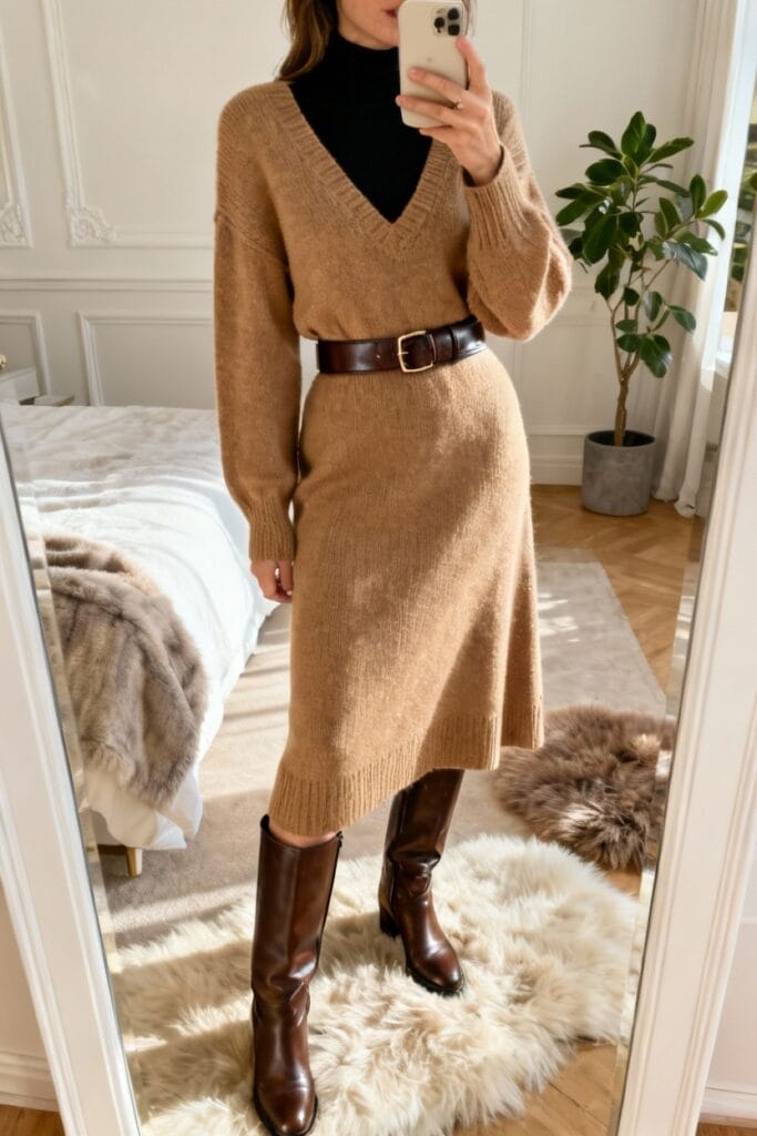 A person stands in front of a mirror wearing a tan knit sweater dress, black turtleneck, brown belt, and brown knee-high boots in a stylish bedroom.