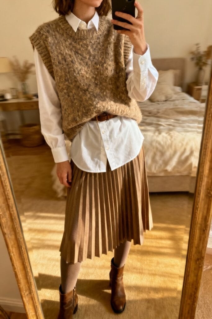Person taking a mirror selfie wearing a white button-up shirt, brown knit vest, pleated skirt, tights, and brown ankle boots in a bedroom.