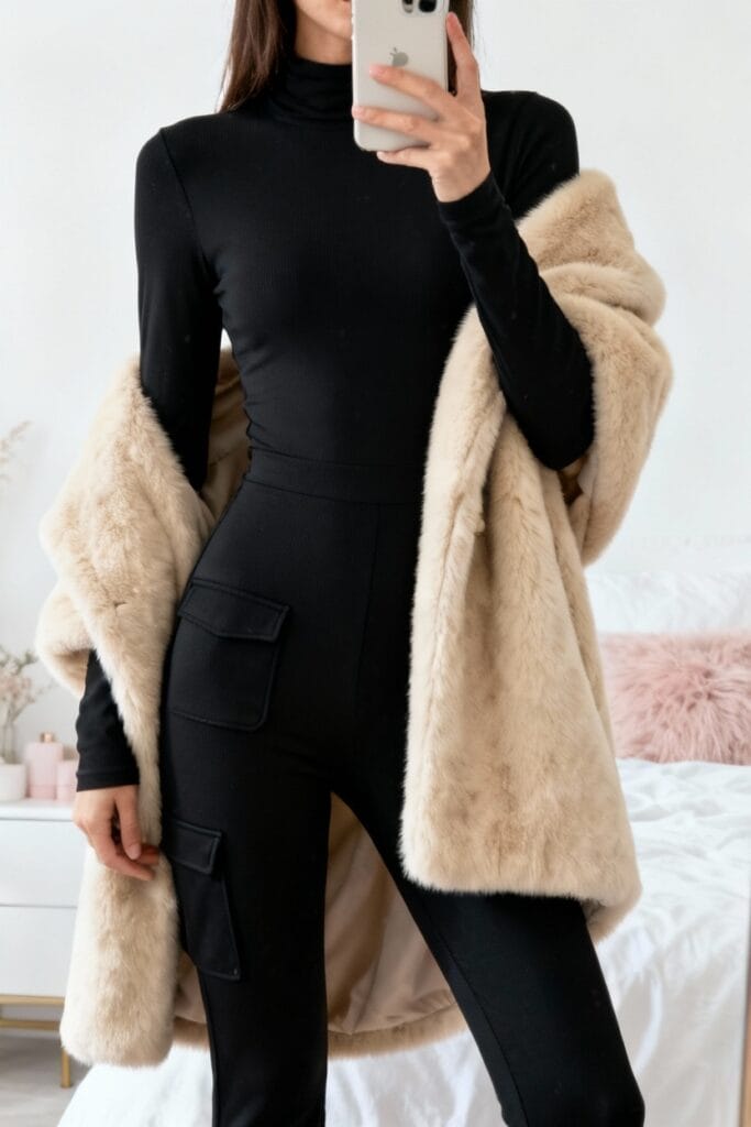 Person standing indoors, wearing a fitted black turtleneck and pants with side pockets, draped in a light beige faux fur coat, holding a smartphone in front of their face.