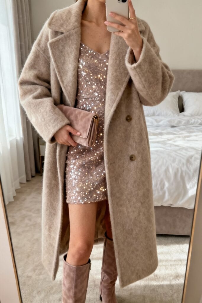 Woman standing in front of a mirror wearing a beige coat over a sequined dress, knee-high boots, and holding a matching clutch. A bed and curtains are visible in the background.