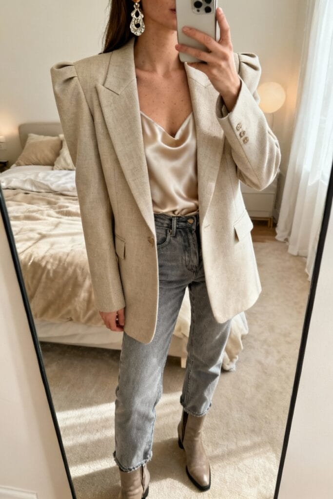 Woman taking a mirror selfie wearing a beige blazer, satin top, light-wash jeans, taupe boots, and statement earrings in a neutral-toned bedroom.