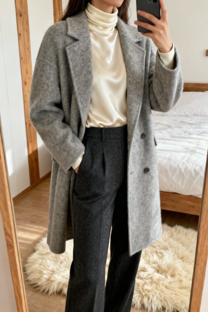 Person taking a mirror selfie wearing a grey overcoat, white turtleneck top, and dark trousers in a bedroom with a bed and a fluffy rug.