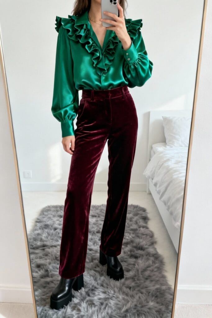 Person stands on a gray rug taking a mirror selfie, wearing a green ruffled blouse, burgundy velvet pants, and black platform boots in a minimal bedroom.