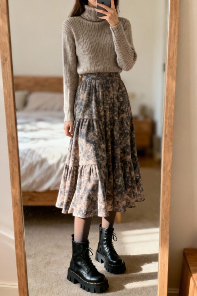 A person stands in front of a mirror wearing a gray turtleneck sweater, a patterned midi skirt, and black lace-up boots in a bedroom.