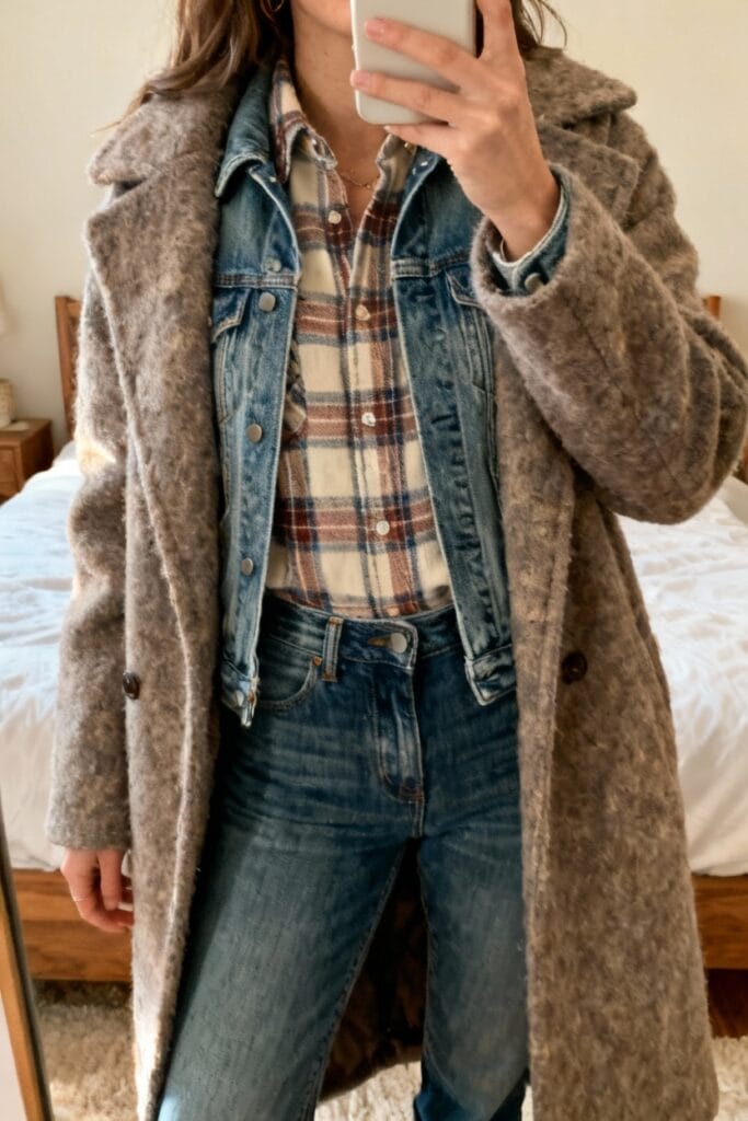 Person taking a mirror selfie wearing a grey wool coat over a blue denim jacket and plaid shirt, paired with blue jeans.
