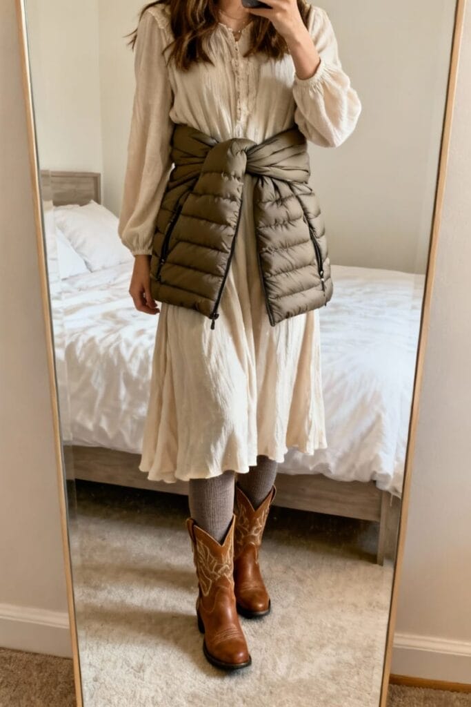 A person wearing a long cream dress, gray tights, brown cowboy boots, and a green puffer vest tied around their waist stands in front of a mirror in a bedroom.