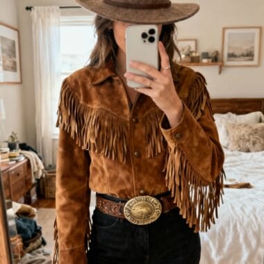 A person wearing a brown suede fringe jacket, black pants, a wide belt with a large buckle, and a brown felt hat, taking a mirror selfie in a bedroom.