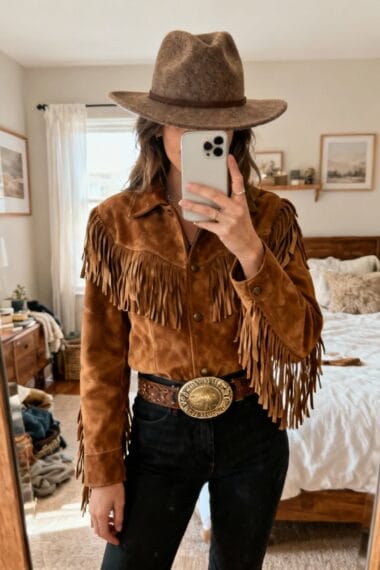 A person wearing a brown suede fringe jacket, black pants, a wide belt with a large buckle, and a brown felt hat, taking a mirror selfie in a bedroom.