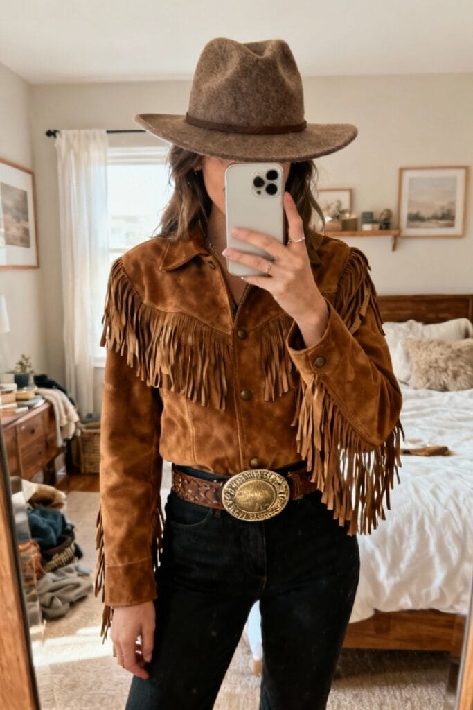 A person wearing a brown suede fringe jacket, black pants, a wide belt with a large buckle, and a brown felt hat, taking a mirror selfie in a bedroom.