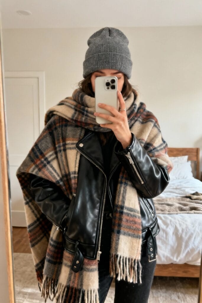 Person takes a mirror selfie wearing a gray knit beanie, plaid scarf, black leather jacket, and black pants in a bedroom with an unmade bed in the background.