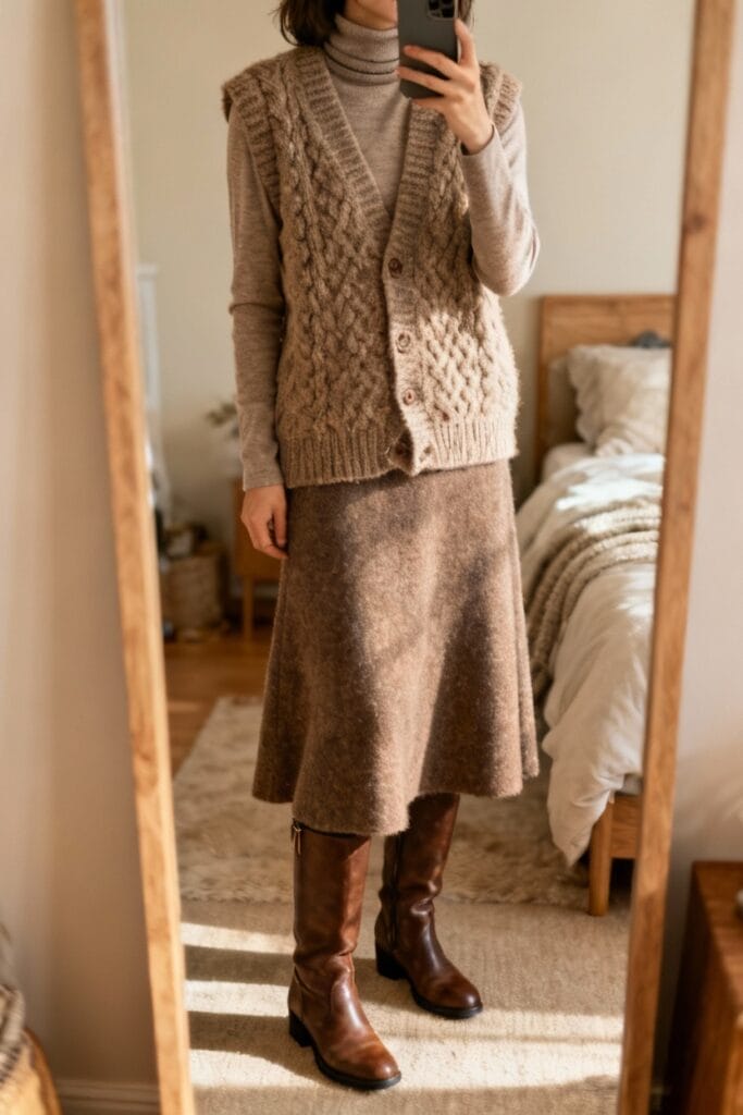 Person taking a mirror selfie wearing a beige turtleneck, a textured knit vest, a brown wool skirt, and tall brown boots in a cozy bedroom.