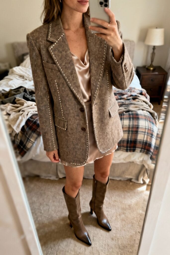 Woman taking a mirror selfie wearing a taupe blazer with white stitching, a satin dress, and knee-high brown boots; unmade bed and nightstand visible in the background.