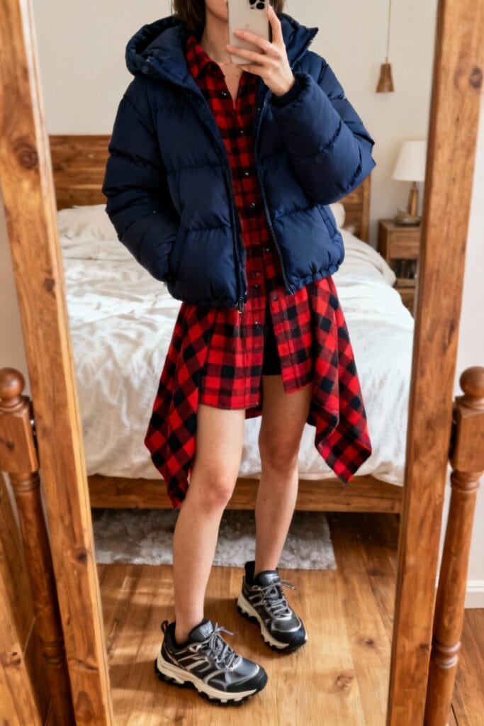 Person taking a mirror selfie wearing a blue puffer jacket over a red and black checkered dress with black sneakers, standing in a bedroom with wooden furniture.