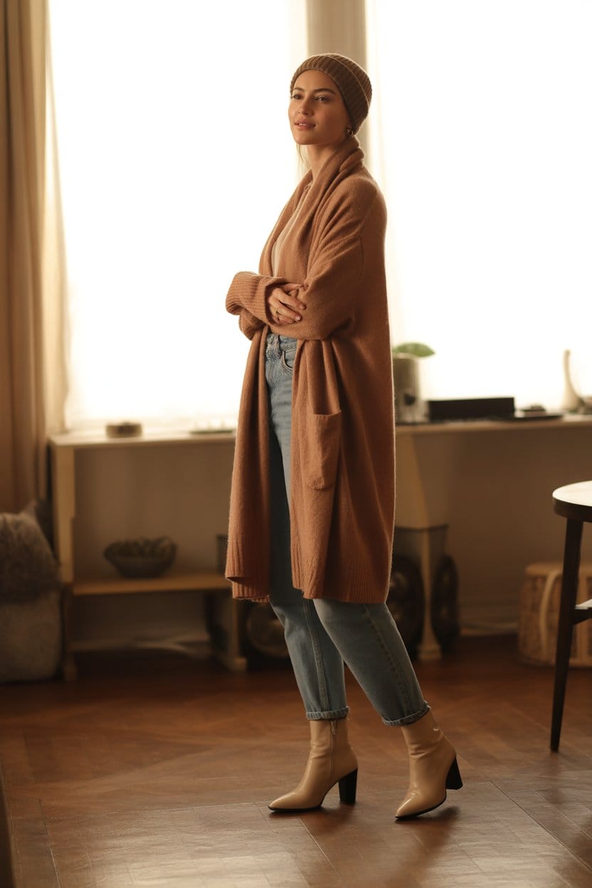 Long Cardigan and Ankle Boots