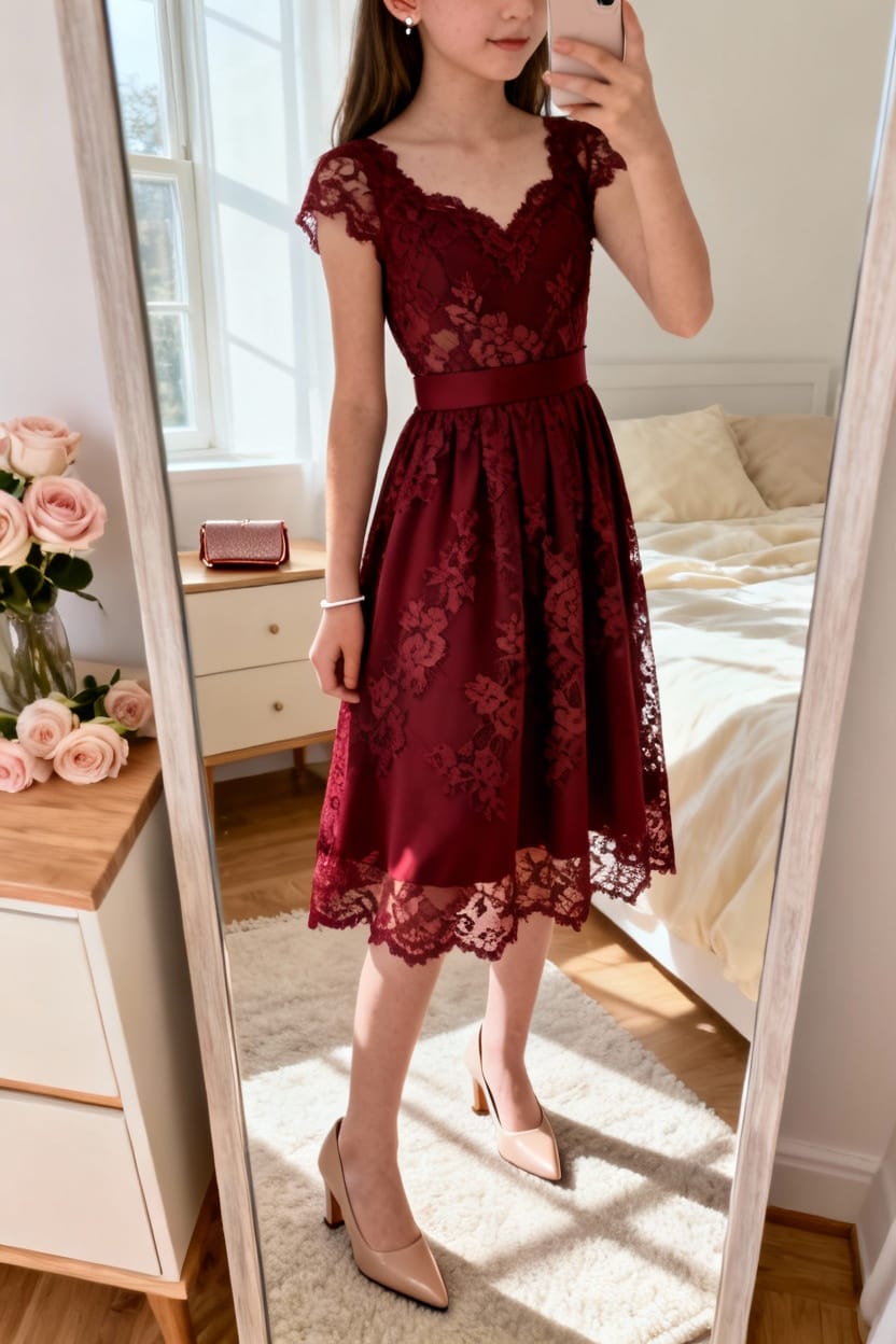 Burgundy Lace Dress with Nude Heels