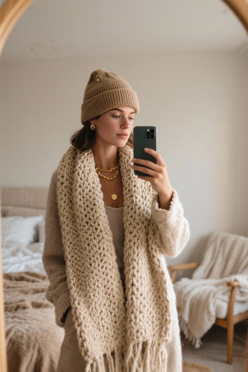 Chunky scarf and accessory layering for sunset walks