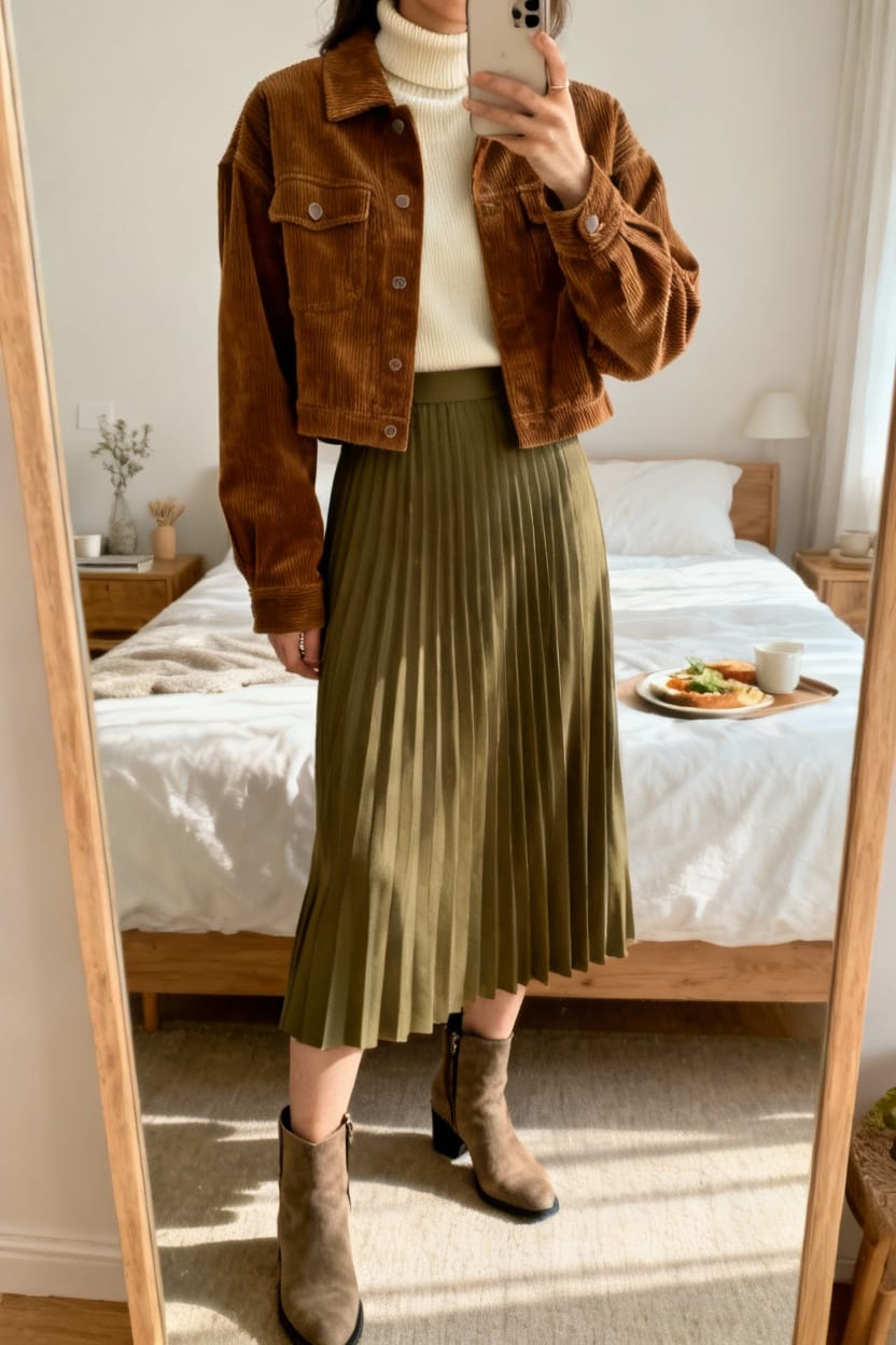 Corduroy Shacket + Mockneck + Pleated Midi Skirt