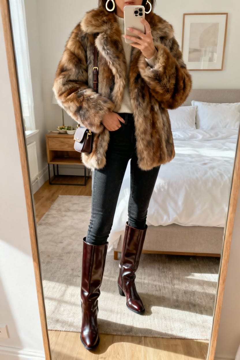 Faux Fur Coat + Skinny Jeans + Knee Boots