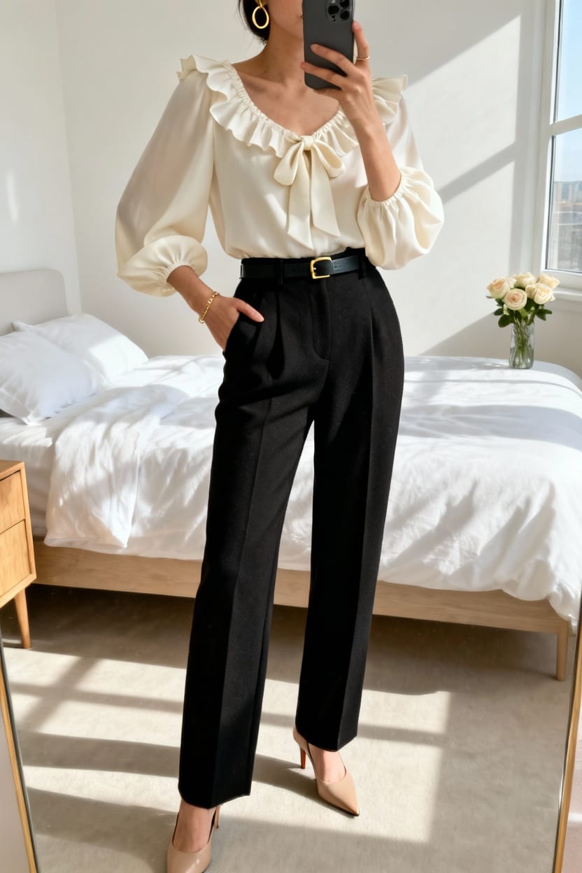 Feminine Blouse with High-Waisted Trousers