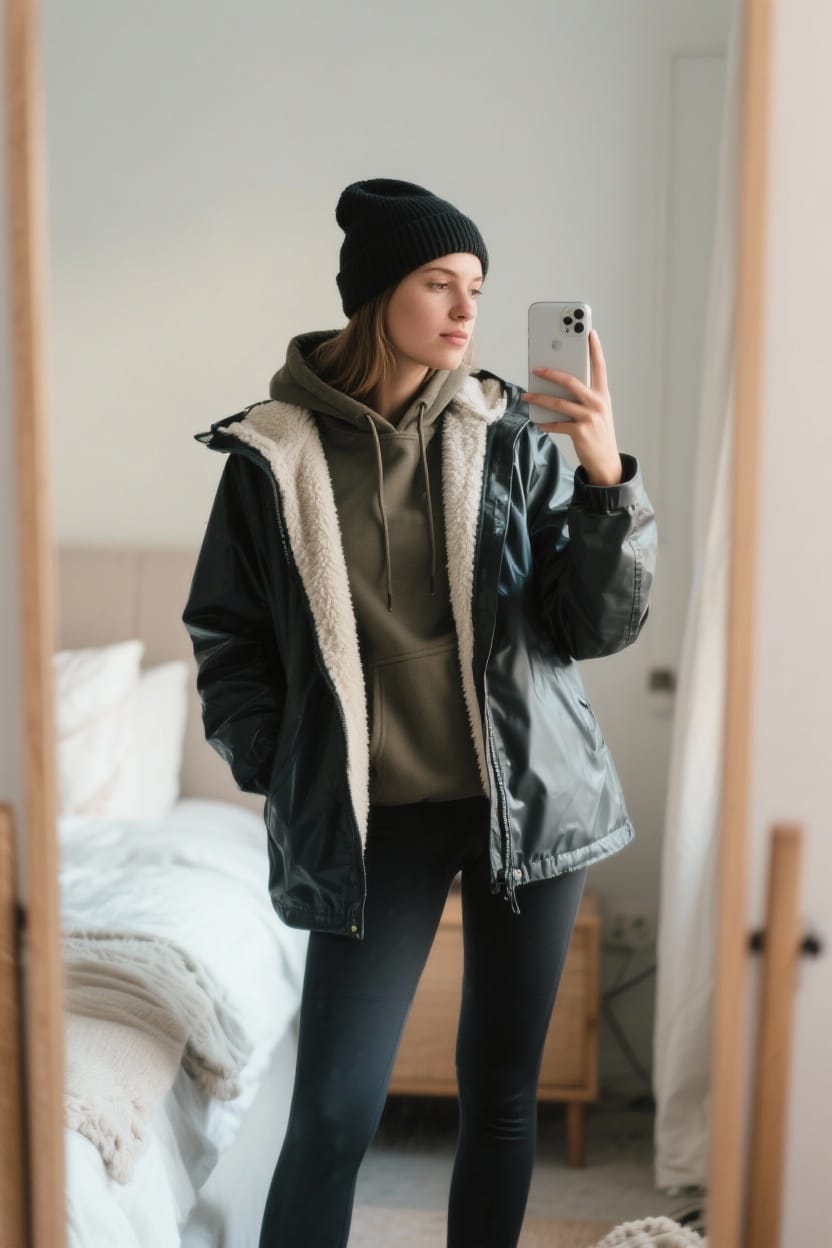 Fleece-lined hoodie under a rain jacket